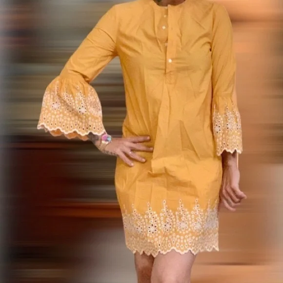 Jcrew shift dress in embroidered pattern bell sleeves size xs bronze orza - Picture 2 of 2